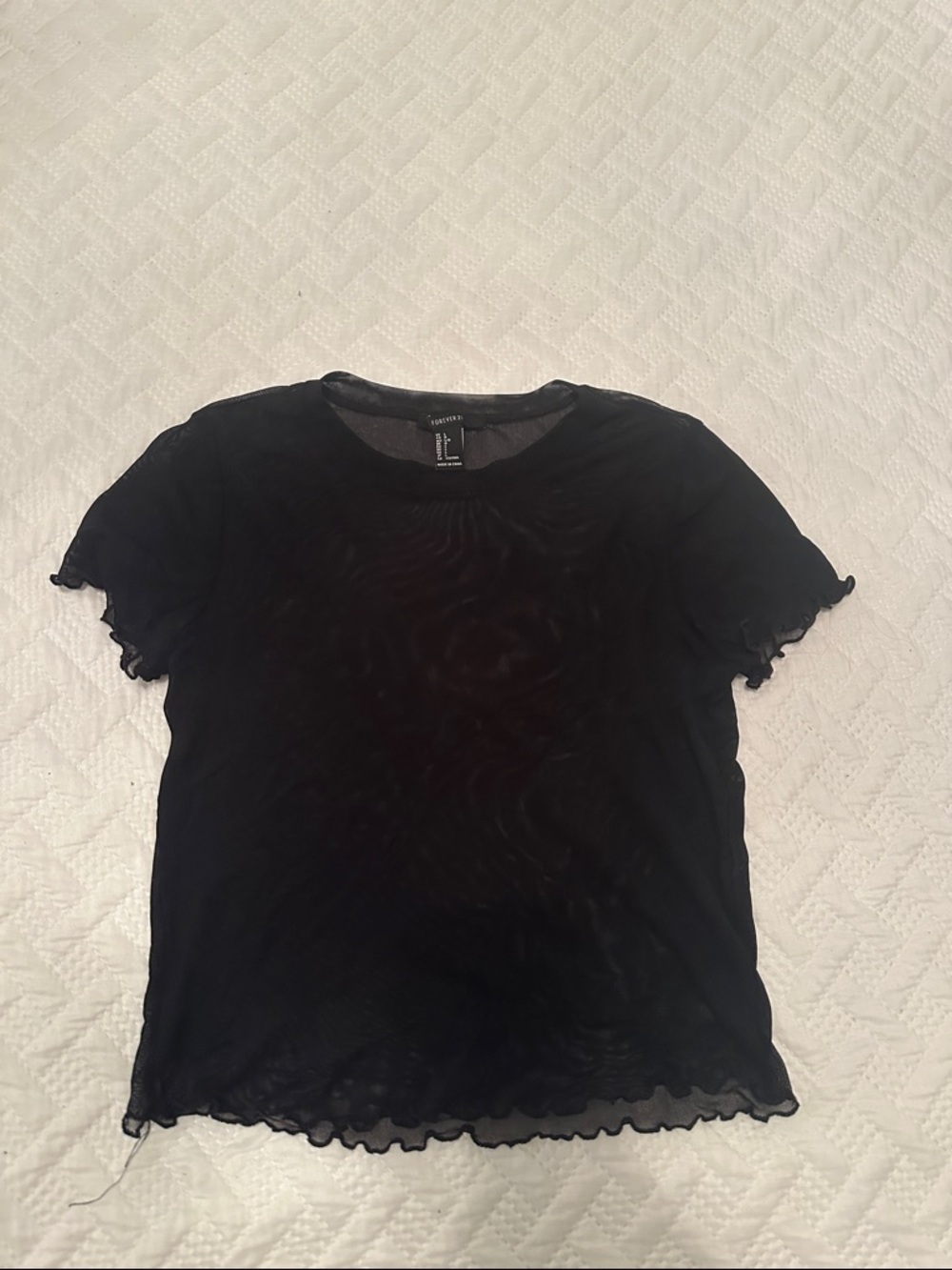 Forever 21 Black Short-Sleeve Lettuce Trim Mesh Top